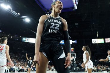 A'ja Wilson of the Las Vegas Aces reacts after scoring during the 2026 WNBA playoffs