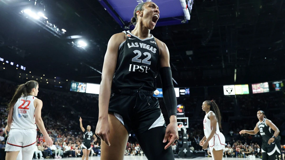 A'ja Wilson of the Las Vegas Aces reacts after scoring during the 2026 WNBA playoffs