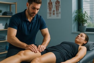 Sports massage therapist treating an athlete's upper body for muscle recovery