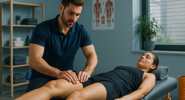 Sports massage therapist treating an athlete's upper body for muscle recovery