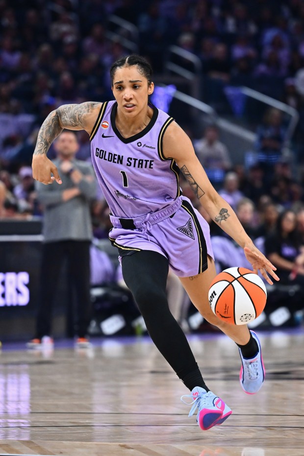 Golden State Valkyries players celebrate during their semifinal Game 1 win over the Las Vegas Aces