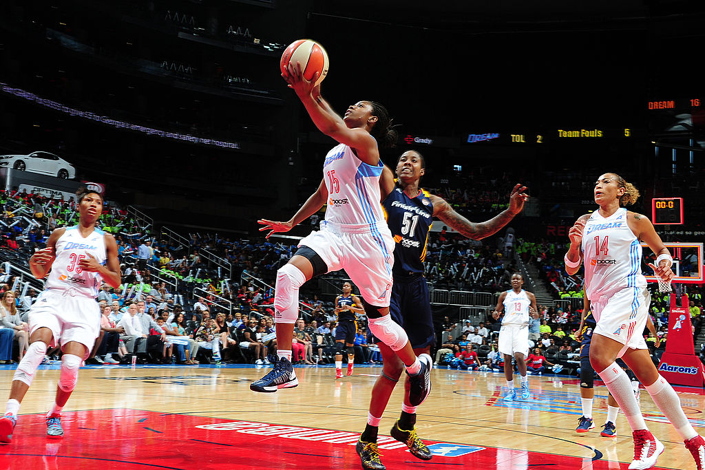 Atlanta Dream players on the court at Gateway Center Arena, the Dream's 3,500-seat home for the 2026 WNBA Finals