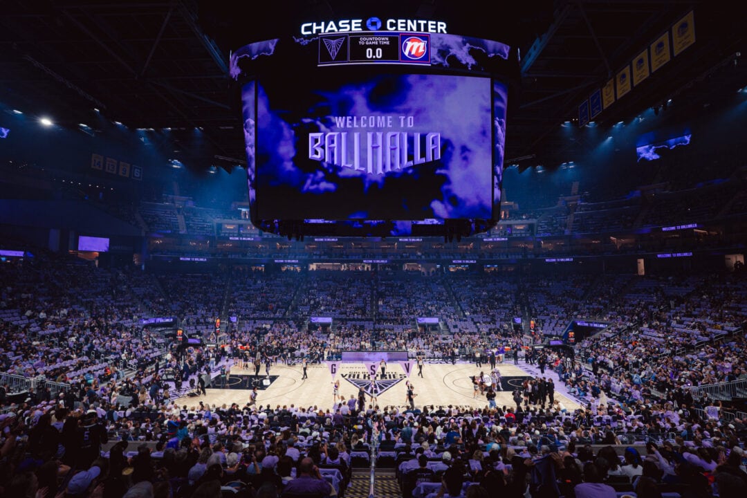 Golden State Valkyries players on the court at Chase Center in San Francisco