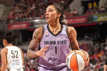 A Golden State Valkyries player dribbling during a 2026 WNBA game