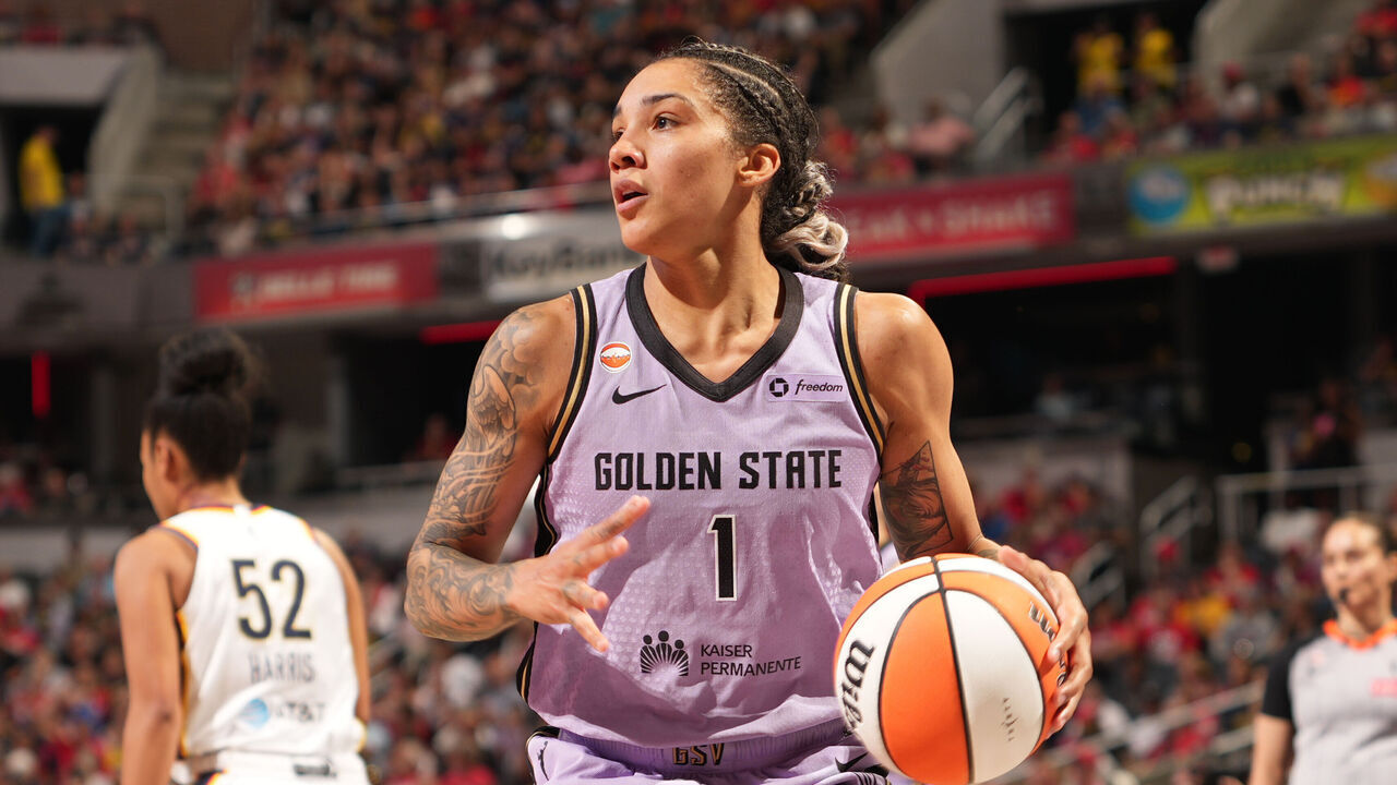 A Golden State Valkyries player dribbling during a 2026 WNBA game