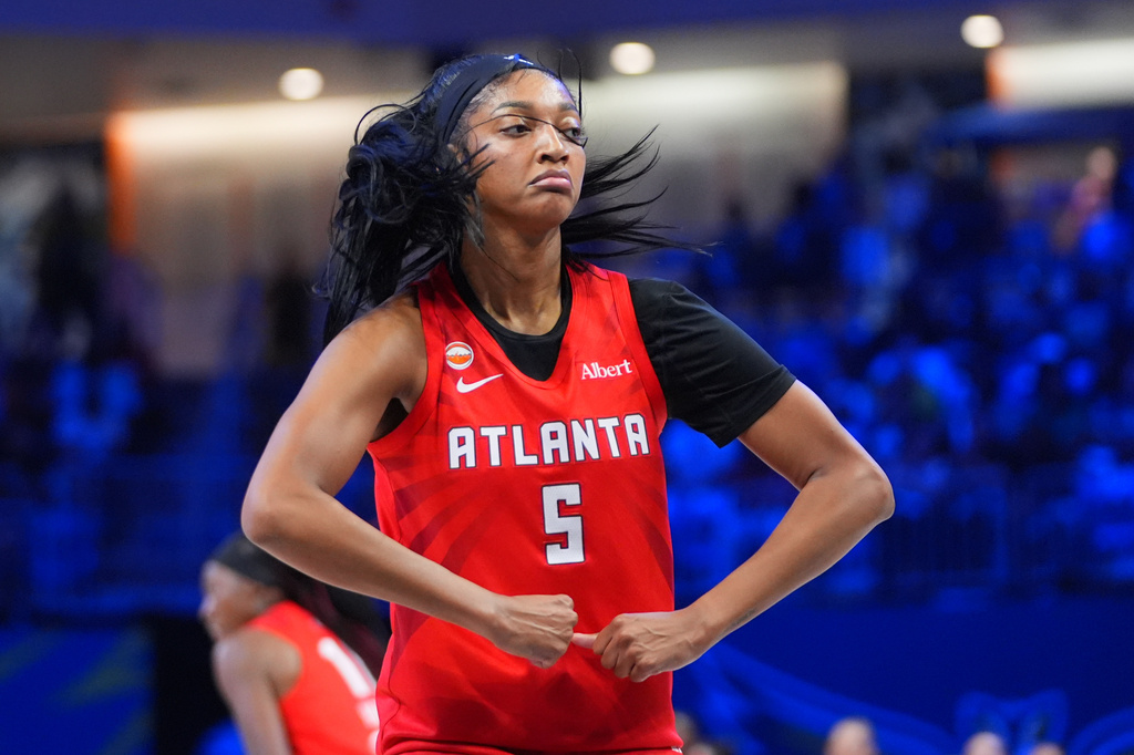 Angel Reese reacts after scoring for the Atlanta Dream during a 2026 WNBA game