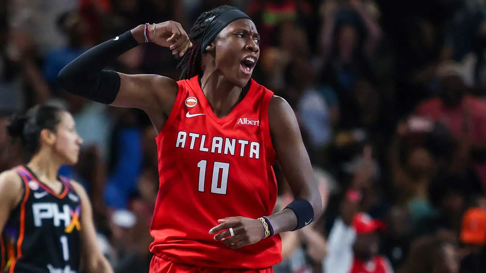 Rhyne Howard celebrating during the Atlanta Dream's 2026 playoff run